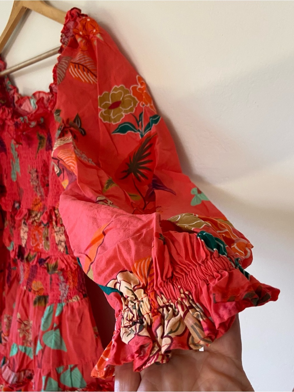 Farm Rio x Anthropologie Smocked Ruffle Mini Dress Coral - Picture 6 of 12
